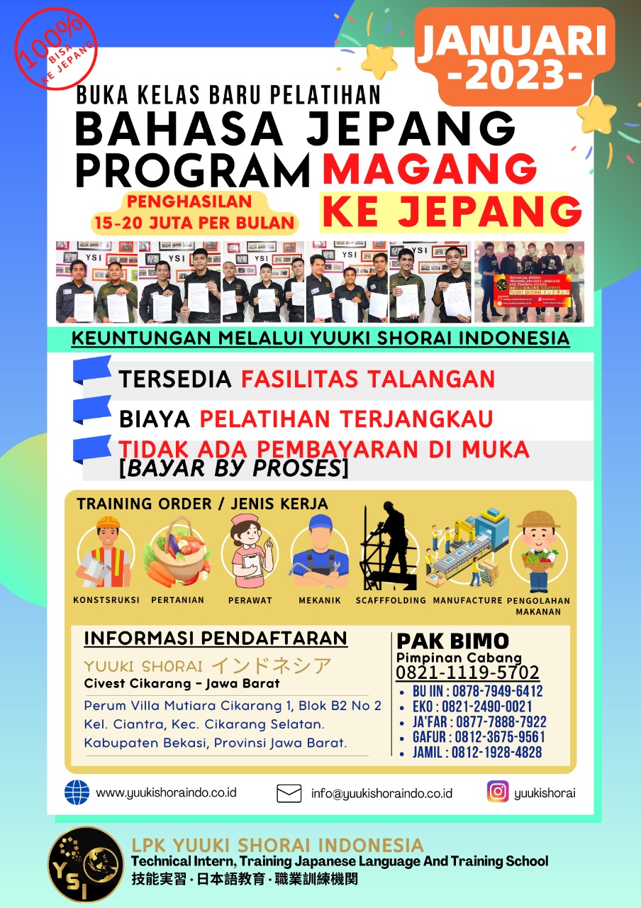 BUKA KELAS BARU DI CIKARANG UNTUK PELATIHAN BAHASA JEPANG PROGRAM MAGANG KE JEPANG JANUARI 2023